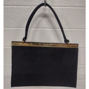 Vintage Block Black Suede Handbag Gold Tone Frame Evening Bag Mid Century Modern